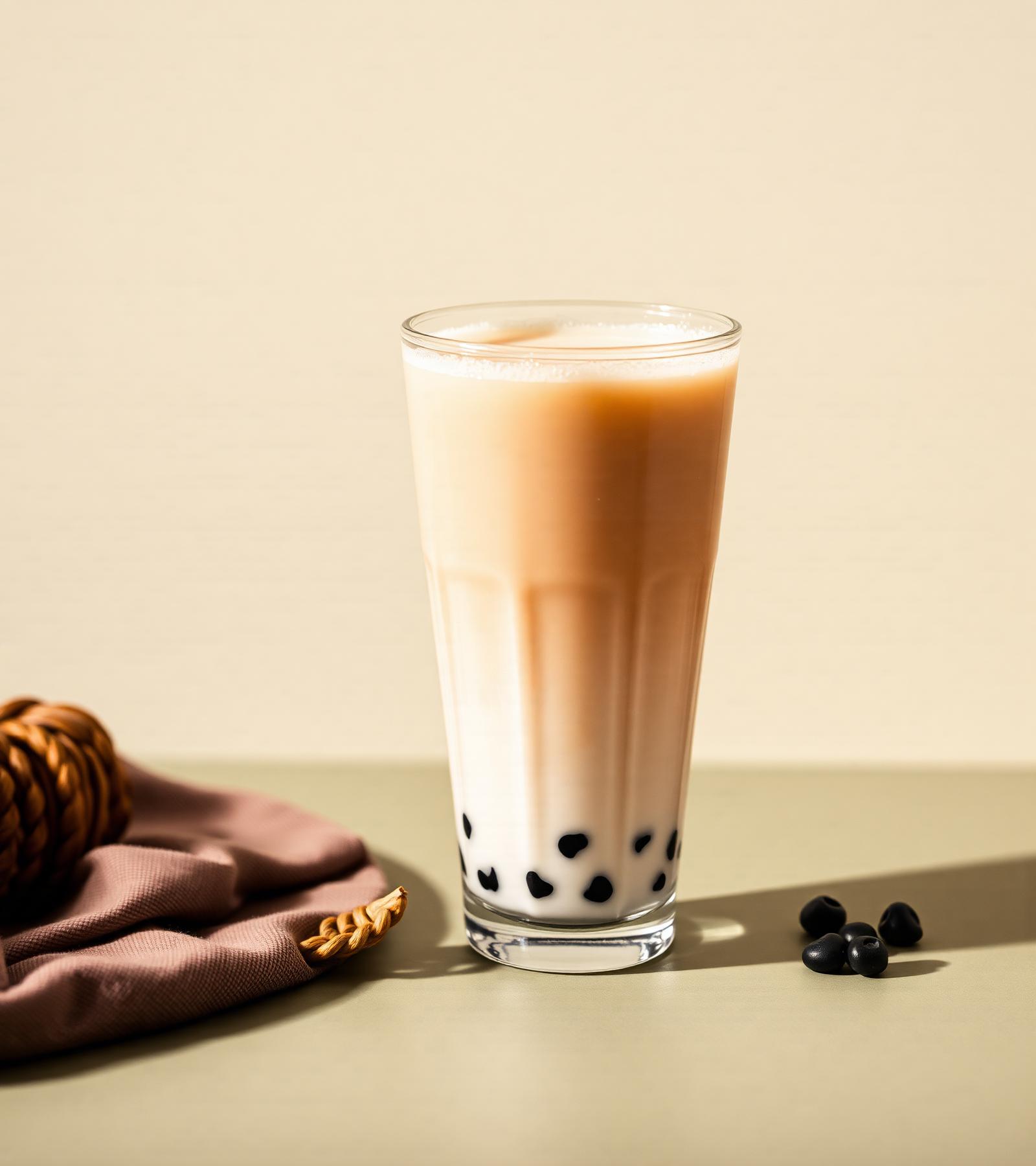 Bubble milk tea with tapioca pearls in a tall glass